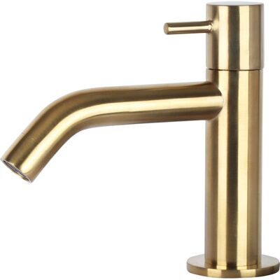 Differnz gebogen wastafelkraan - koudwaterkraan voor toilet - vervaardigd uit messing - bediening met 1 hendel - geleverd zonder waste - hoogte 13,8 cm - kleur mat goud Differnz gebogen wastafelkraan - koudwaterkraan voor toilet - vervaardigd uit messing - bediening met 1 hendel - geleverd zonder waste - hoogte 13,8 cm - kleur mat goud