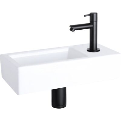 Differnz helios fonteinset - 37.5x18.5x9.5cm - rechthoek - 1 kraangat rechts - recht matte zwarte kraan - wit Differnz helios fonteinset - 37.5x18.5x9.5cm - rechthoek - 1 kraangat rechts - recht matte zwarte kraan - wit