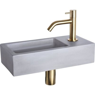 Differnz ravo fonteinset voor de badkamer - wasbak van beton in lichtgrijs - gebogen kraan in mat goud - messing kraan, afvoerplug en sifon inbegrepen - opbouw montage - afmetingen 38.5 x 18.5 x 9 cm Differnz ravo fonteinset voor de badkamer - wasbak van beton in lichtgrijs - gebogen kraan in mat goud - messing kraan, afvoerplug en sifon inbegrepen - opbouw montage - afmetingen 38.5 x 18.5 x 9 cm