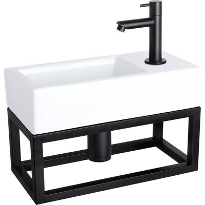 Differnz ravo fonteinset - 38.5x18.5x25cm - rechthoek - 1 kraangat - recht matte zwarte kraan - met zwart frame - keramiek wit Differnz ravo fonteinset - 38.5x18.5x25cm - rechthoek - 1 kraangat - recht matte zwarte kraan - met zwart frame - keramiek wit