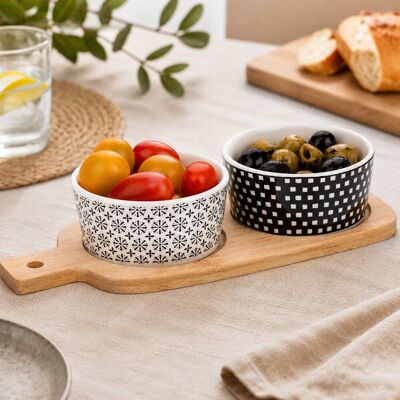 Alpina tapasset - 3-delige serveerset met bamboe plank en 2 keramieken schaaltjes - ideaal voor tapas, nootjes en borrelhapjes - 24,6x9,4x5 cm - wit met zwart-wit patroon Alpina tapasset - 3-delige serveerset met bamboe plank en 2 keramieken schaaltjes - ideaal voor tapas, nootjes en borrelhapjes - 24,6x9,4x5 cm - wit met zwart-wit patroon