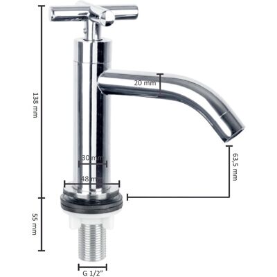 Differnz koudwaterkraan met kruisgreep - wastafelkraan - toiletkraan - gebogen uitloop - messing - chroom - 16 x 5 x 20 cm - zonder waste of ketting - opbouwmontage Differnz koudwaterkraan met kruisgreep - wastafelkraan - toiletkraan - gebogen uitloop - messing - chroom - 16 x 5 x 20 cm - zonder waste of ketting - opbouwmontage