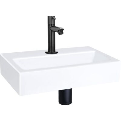 Differnz flat fonteinset - 38x24x8cm - rechthoek - 1 kraangat - recht matte zwarte kraan - keramiek wit Differnz flat fonteinset - 38x24x8cm - rechthoek - 1 kraangat - recht matte zwarte kraan - keramiek wit