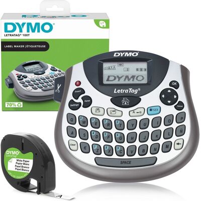Dymo letratag lt-100t-labelmaker draagbare labelprinter met qwerty-toetsenbord zilver ideaal voor op kantoor of thuis Dymo letratag lt-100t-labelmaker draagbare labelprinter met qwerty-toetsenbord zilver ideaal voor op kantoor of thuis