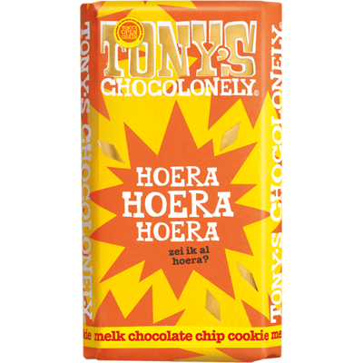 Tony's Chocolonely reep hoera melk chocolate chip cookie (15x 180gr) Tony's Chocolonely reep hoera melk chocolate chip cookie (15x 180gr)