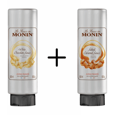 Monin Topping witte chocolade + topping salted caramel Monin Topping witte chocolade + topping salted caramel