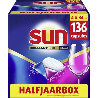 Sun - vaatwastabletten - brilliant shine - all-in 1 - 136 capsules - voordeelverpakking Sun - vaatwastabletten - brilliant shine - all-in 1 - 136 capsules - voordeelverpakking