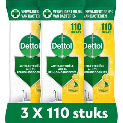 Dettol antibacteriële schoonmaakdoekjes - sprankelende citroen - 110 x 3 stuks - voordeelverpakking Dettol antibacteriële schoonmaakdoekjes - sprankelende citroen - 110 x 3 stuks - voordeelverpakking