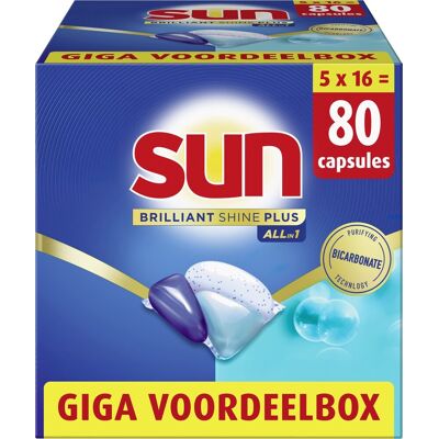 Sun - vaatwastabletten - brilliant shine plus - all-in 1 - 80 capsules - voordeelverpakking Sun - vaatwastabletten - brilliant shine plus - all-in 1 - 80 capsules - voordeelverpakking