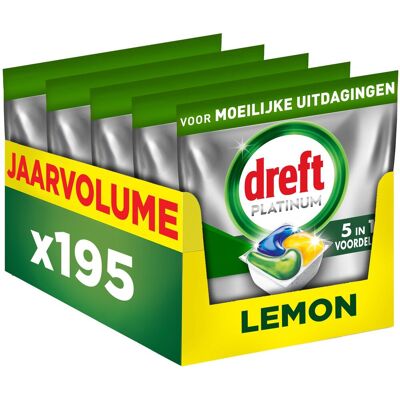 Dreft platinum vaatwascapsules citroen - moeilijke uitdagingen - vettig filter - 5 x 39 stuks Dreft platinum vaatwascapsules citroen - moeilijke uitdagingen - vettig filter - 5 x 39 stuks