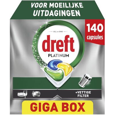 Dreft platinum vaatwastabletten citroen - moeilijke uitdagingen - vettig filter - 140 stuks Dreft platinum vaatwastabletten citroen - moeilijke uitdagingen - vettig filter - 140 stuks
