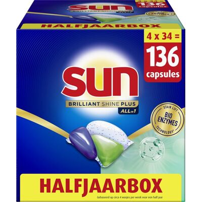 Sun - vaatwastabletten- brilliant shine plus - all-in 1 - 136 capsules - voordeelverpakking Sun - vaatwastabletten- brilliant shine plus - all-in 1 - 136 capsules - voordeelverpakking