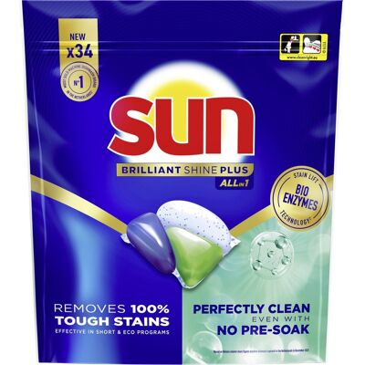 Sun - vaatwastabletten- brilliant shine plus - all-in 1 - 34 capsules - voordeelverpakking Sun - vaatwastabletten- brilliant shine plus - all-in 1 - 34 capsules - voordeelverpakking