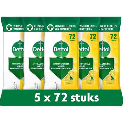 Dettol antibacteriële schoonmaakdoekjes - sprankelende citroen - 72 stuks - 5 stuks - voordeelverpakking Dettol antibacteriële schoonmaakdoekjes - sprankelende citroen - 72 stuks - 5 stuks - voordeelverpakking
