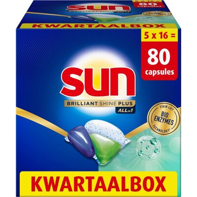 Sun - vaatwastabletten- brilliant shine plus - all-in 1 - 80 capsules - voordeelverpakking Sun - vaatwastabletten- brilliant shine plus - all-in 1 - 80 capsules - voordeelverpakking