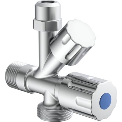 Kirchhoff ga-hoekstopkraan - chroom - 3/8"bu x 3/4"bu x 3/8"bu x 10 mmq - met terugslagklep Kirchhoff ga-hoekstopkraan - chroom - 3/8"bu x 3/4"bu x 3/8"bu x 10 mmq - met terugslagklep