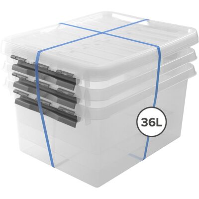 Sunware q-line opbergbox met deksel 36l - set van 3 - transparant/grijs Sunware q-line opbergbox met deksel 36l - set van 3 - transparant/grijs