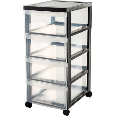 IRIS design chest ladekast - 4 half diepe lades - 4x 11l - kunststof - zwart/transparant - met wielen IRIS design chest ladekast - 4 half diepe lades - 4x 11l - kunststof - zwart/transparant - met wielen