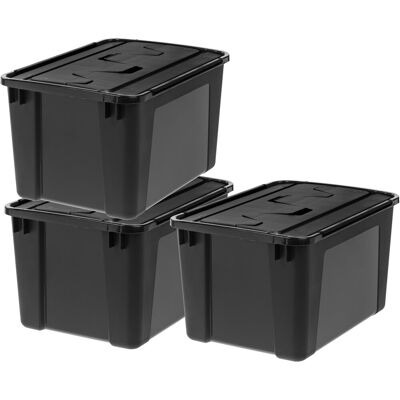 IRIS vouwdeksel opbergbox - 48l - stapelbaar - met vouwdeksel - kunststof - zwart - set van 3 IRIS vouwdeksel opbergbox - 48l - stapelbaar - met vouwdeksel - kunststof - zwart - set van 3