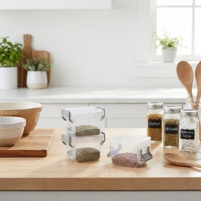 Alpina opbergbox set van 3 stuks - afmeting 7.5x6.5x5cm - inhoud 145ml per box - stapelbaar en lekvrij - voorzien van kliksluiting - transparant - geschikt voor koelkast of lunchbox Alpina opbergbox set van 3 stuks - afmeting 7.5x6.5x5cm - inhoud 145ml per box - stapelbaar en lekvrij - voorzien van kliksluiting - transparant - geschikt voor koelkast of lunchbox