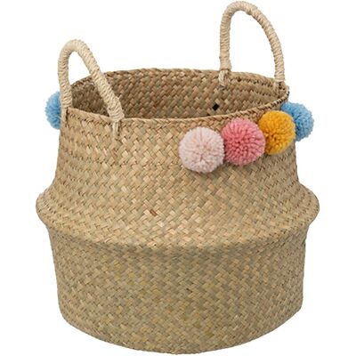 Atmosphera speelgoed opbergmand - pompoms - met handgreep - riet - opvouwbaar - 33 x 28 x 33 cm Atmosphera speelgoed opbergmand - pompoms - met handgreep - riet - opvouwbaar - 33 x 28 x 33 cm
