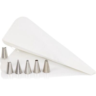 Westmark decoratiespuit, garneerset met spuitzak, met tussenstuk en 6 spuitmonden, 7 stuks, lengte: ca. 27 cm, gecoat katoen/roestvrij staal, steel, wit/zilver, 31002260 Westmark decoratiespuit, garneerset met spuitzak, met tussenstuk en 6 spuitmonden, 7 stuks, lengte: ca. 27 cm, gecoat katoen/roestvrij staal, steel, wit/zilver, 31002260