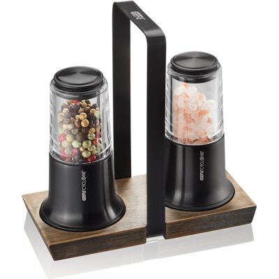 GEFU x-plosion® peper- en zoutmolen set - 2-delig - zwart - met acaciahouten houder GEFU x-plosion® peper- en zoutmolen set - 2-delig - zwart - met acaciahouten houder