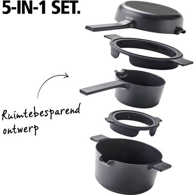 Brabantia compact all-in-one-set - stapelbare 5-delige pannenset camping - 22cm kookpan - 22cm koekenpan- 16cm steelpan- trendy design-stapelbaar - 100% pfas-vrij - 100% gerecycleerd - anti-aanbaklaag- aluminium- - incl. onderzetters - zwart Brabantia compact all-in-one-set - stapelbare 5-delige pannenset camping - 22cm kookpan - 22cm koekenpan- 16cm steelpan- trendy design-stapelbaar - 100% pfas-vrij - 100% gerecycleerd - anti-aanbaklaag- aluminium- - incl. onderzetters - zwart