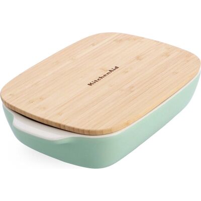 KitchenAid - Pistachio Grote 32cm Rechthoekige Stoneware Schotel - Bamboedeksel KitchenAid - Pistachio Grote 32cm Rechthoekige Stoneware Schotel - Bamboedeksel