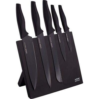 Altom Design zwart magnetisch messenblok met 5 zwarte messen - ergonomische handgrepen - prachtig design - modern en elegant - met 5 zwarte messen Altom Design zwart magnetisch messenblok met 5 zwarte messen - ergonomische handgrepen - prachtig design - modern en elegant - met 5 zwarte messen