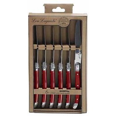 Lou Laguiole Messen set rustic vleeswaren rood metaal 6 stuks Lou Laguiole Messen set rustic vleeswaren rood metaal 6 stuks