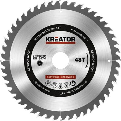 KREATOR Cirkelzaagblad 210mm - 48T, 30mm as, Stalen legering KREATOR Cirkelzaagblad 210mm - 48T, 30mm as, Stalen legering