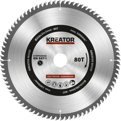 Kreator KRT020426 Cirkelzaagblad - 80T, Ø250mm, Hardmetaal, 30mm Gat Kreator KRT020426 Cirkelzaagblad - 80T, Ø250mm, Hardmetaal, 30mm Gat