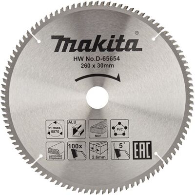 Makita Accessoires d-65654 afkortzaagblad div. materialen 260x30x2,6 100t 5g - d-65654 Makita Accessoires d-65654 afkortzaagblad div. materialen 260x30x2,6 100t 5g - d-65654