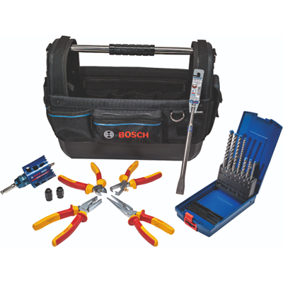 Blauw Bosch accessoires electrician kit met vde tangenset, sds-plus borenset, beitel, gatzaag 68mm in gereedschapstas - 061599768f Blauw Bosch accessoires electrician kit met vde tangenset, sds-plus borenset, beitel, gatzaag 68mm in gereedschapstas - 061599768f