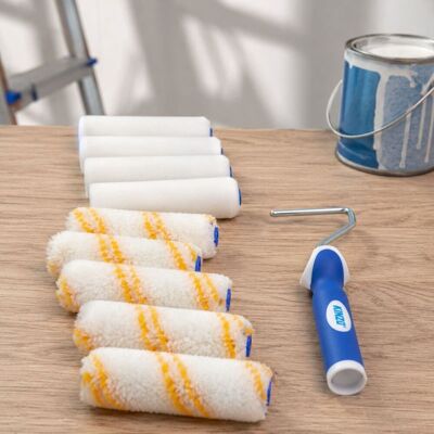 Kinzo verfrollerset 11-delig - verfroller set met 5 schuimrollers en 5 lakrollers - verfroller 11 cm met rollerbeugel - mini verfroller Kinzo verfrollerset 11-delig - verfroller set met 5 schuimrollers en 5 lakrollers - verfroller 11 cm met rollerbeugel - mini verfroller