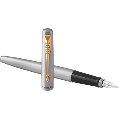 Parker jotter-vulpen roestvrij staal met gouden afwerking medium penpunt met blauwe inkt net geschenkdoos Parker jotter-vulpen roestvrij staal met gouden afwerking medium penpunt met blauwe inkt net geschenkdoos