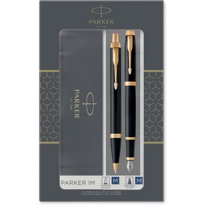 Parker im duo geschenkset met balpen en vulpen glanzend zwart met gouden rand blauwe inktvulling en -cartridge cadeauverpakking Parker im duo geschenkset met balpen en vulpen glanzend zwart met gouden rand blauwe inktvulling en -cartridge cadeauverpakking