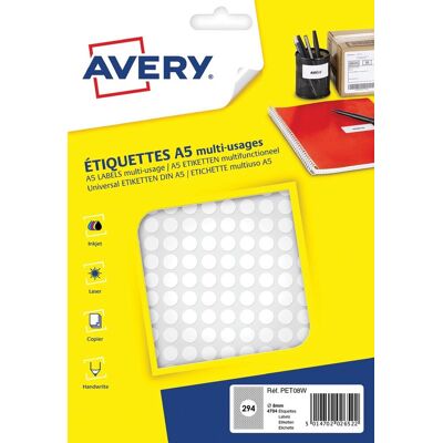 Avery Etiket a5 8mm rond blister 2940st wit Avery Etiket a5 8mm rond blister 2940st wit