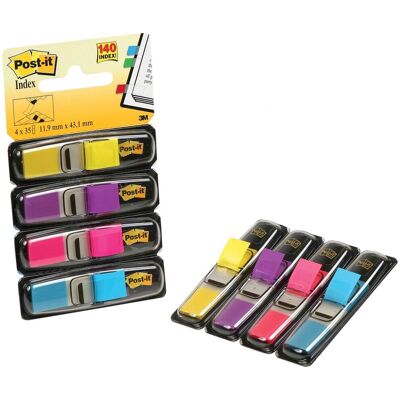 Post-it ® index smal, standaard dispenser, helderblauw, geel, roze, paars, 12 x 43 mm, 35 tabs/kleur/dispenser Post-it ® index smal, standaard dispenser, helderblauw, geel, roze, paars, 12 x 43 mm, 35 tabs/kleur/dispenser