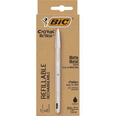 BIC Balpen cristal re-new medium zilver + 2 vullingen zwart BIC Balpen cristal re-new medium zilver + 2 vullingen zwart