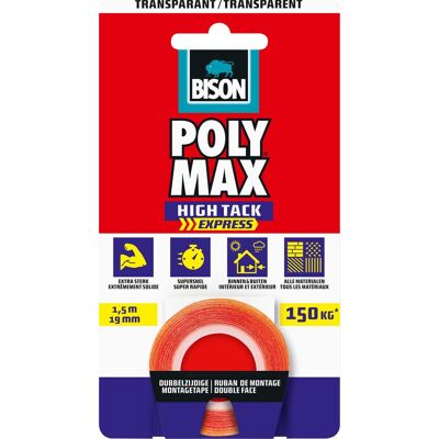 Bison Poly max® high tack express montage tape transparant 1,5 meter x 19mm, universele dubbelzijdige montagetape, eenvoudig in gebruik, extra sterk, supersnel, ophangen zonder boren Bison Poly max® high tack express montage tape transparant 1,5 meter x 19mm, universele dubbelzijdige montagetape, eenvoudig in gebruik, extra sterk, supersnel, ophangen zonder boren