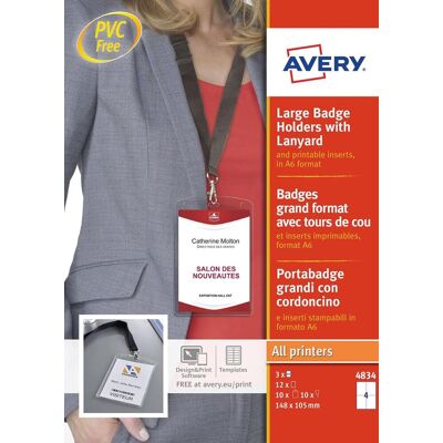 Avery 4834 badgehouder lanyard set - a6 105 x 148 mm 12 stuk / 3 vellen Avery 4834 badgehouder lanyard set - a6 105 x 148 mm 12 stuk / 3 vellen