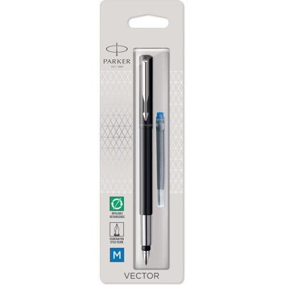 Parker vector-vulpen zwart met chrome afwerking mediumpunt blauwe inkt hangtab Parker vector-vulpen zwart met chrome afwerking mediumpunt blauwe inkt hangtab