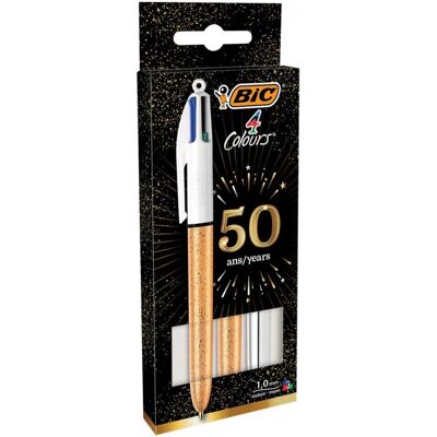 BIC 4 kleuren balpennen - diverse kleuren huls - goudkleurig met ijzig motief en zilverkleurig - pak van 3 stuks - medium punt 1 mm BIC 4 kleuren balpennen - diverse kleuren huls - goudkleurig met ijzig motief en zilverkleurig - pak van 3 stuks - medium punt 1 mm