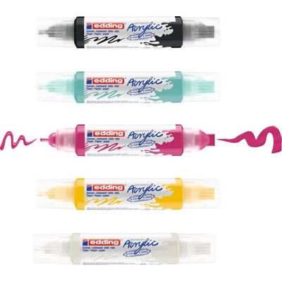 Edding 5400 acrylstiften 3d double liner - zwart, wit, geel, pink, turquoise - set van 5 tubes acrylverf (basis) - dubbele punt 2-3, 5-10 mm - acrylverf voor canvas, hout - verf in schilderskwaliteit Edding 5400 acrylstiften 3d double liner - zwart, wit, geel, pink, turquoise - set van 5 tubes acrylverf (basis) - dubbele punt 2-3, 5-10 mm - acrylverf voor canvas, hout - verf in schilderskwaliteit