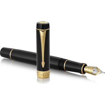 Parker duofold centennial vulpen klassiek zwart met goud detail medium puur gouden penpunt zwarte inkt en converter premium geschenkdoos Parker duofold centennial vulpen klassiek zwart met goud detail medium puur gouden penpunt zwarte inkt en converter premium geschenkdoos