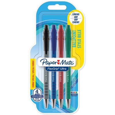 Paper Mate flexgrip ultra-balpennen met drukknop medium punt (1,0 mm) diverse kleuren 4 stuks Paper Mate flexgrip ultra-balpennen met drukknop medium punt (1,0 mm) diverse kleuren 4 stuks