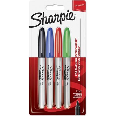 Sharpie permanentmarkers fijne punt zwarte, blauwe, rode en groene inkt 4 stuks Sharpie permanentmarkers fijne punt zwarte, blauwe, rode en groene inkt 4 stuks
