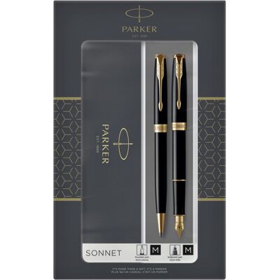 Parker sonnet duo geschenkset met balpen en vulpen (18-karaats gouden punt) glanzend zwart met gouden trim zwarte inktpatronen en navullingen Parker sonnet duo geschenkset met balpen en vulpen (18-karaats gouden punt) glanzend zwart met gouden trim zwarte inktpatronen en navullingen